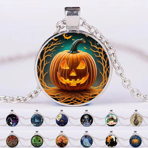 Halloween Round Pumpkin Ghost Bat Necklace Men And Women