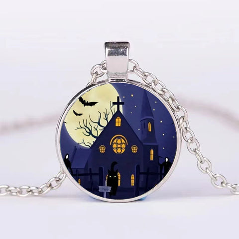 Halloween Round Pumpkin Ghost Bat Necklace Men And Women