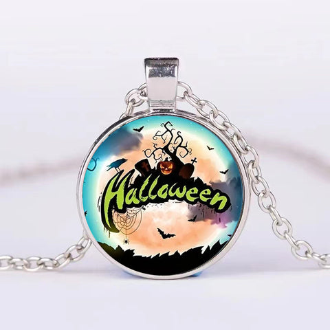 Halloween Round Pumpkin Ghost Bat Necklace Men And Women