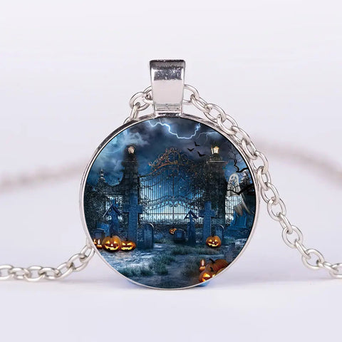 Halloween Round Pumpkin Ghost Bat Necklace Men And Women